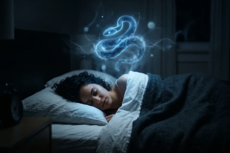 Woman sleeping peacefully while dreaming of a glowing blue snake in a dark bedroom