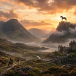 “Cinematic Scottish landscape at sunset with mountains, a castle by the water, riders on horseback, and a glowing unicorn standing on a cliff overlooking the valley