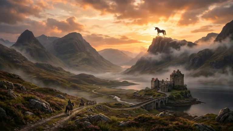 “Cinematic Scottish landscape at sunset with mountains, a castle by the water, riders on horseback, and a glowing unicorn standing on a cliff overlooking the valley