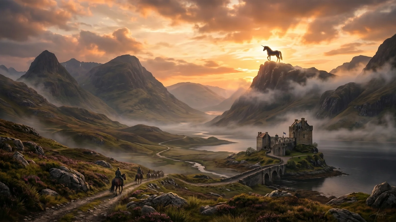 “Cinematic Scottish landscape at sunset with mountains, a castle by the water, riders on horseback, and a glowing unicorn standing on a cliff overlooking the valley