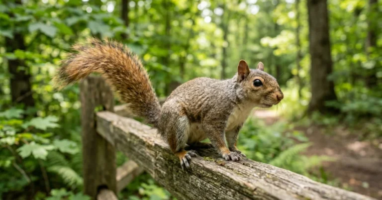 Squirrel sitting on a wooden fence